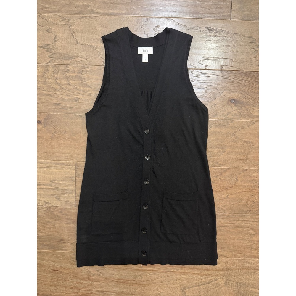 Ann Taylor LOFT Sweater Vest Womens Medium Black Wool Blend Longline Office Vest